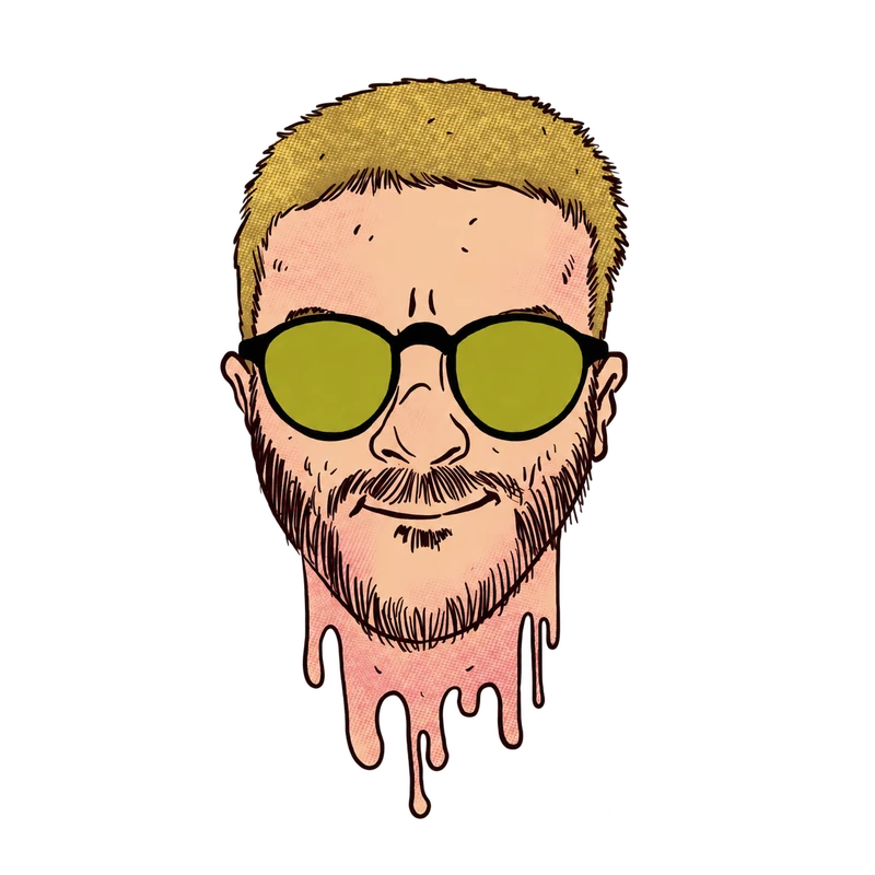 Illustrated portrait of The Bad Guyde with a beard and green glasses
